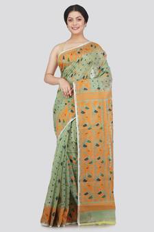 Pinkloom Women'S Green Hand Woven Jamdani-Sarees Without Blouse