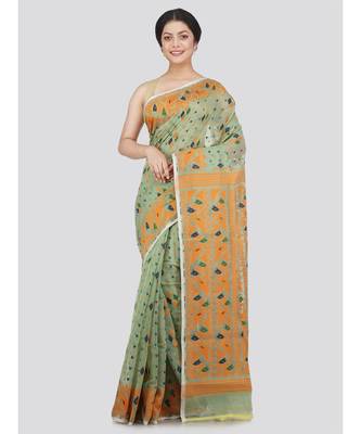 Pinkloom Women'S Green Hand Woven Jamdani-Sarees Without Blouse 1