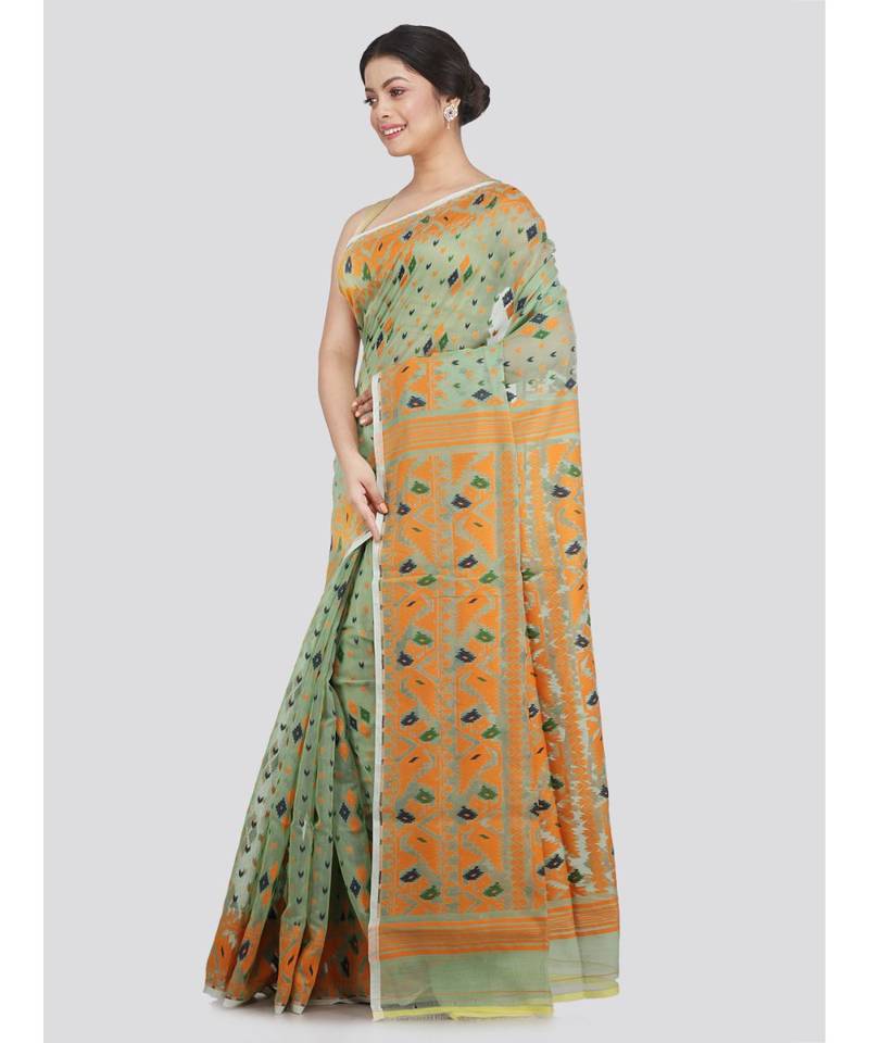 Pinkloom Women'S Green Hand Woven Jamdani-Sarees Without Blouse