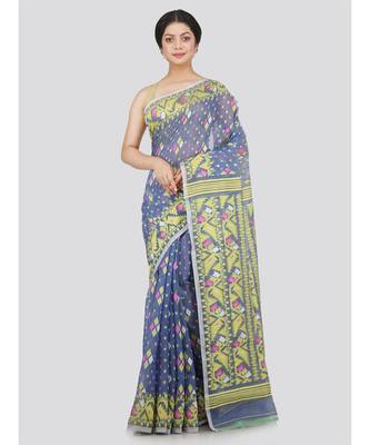 Pinkloom Women'S Blue Hand Woven Jamdani-Sarees Without Blouse 1