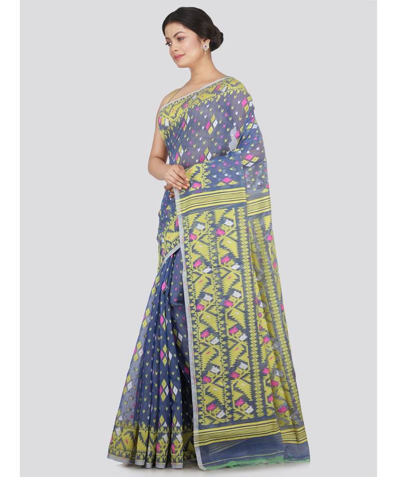 Pinkloom Women'S Blue Hand Woven Jamdani-Sarees Without Blouse