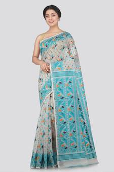 Pinkloom Women'S White Hand Woven Jamdani-Sarees Without Blouse