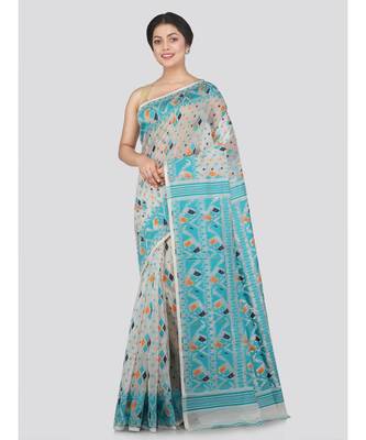 Pinkloom Women'S White Hand Woven Jamdani-Sarees Without Blouse 1