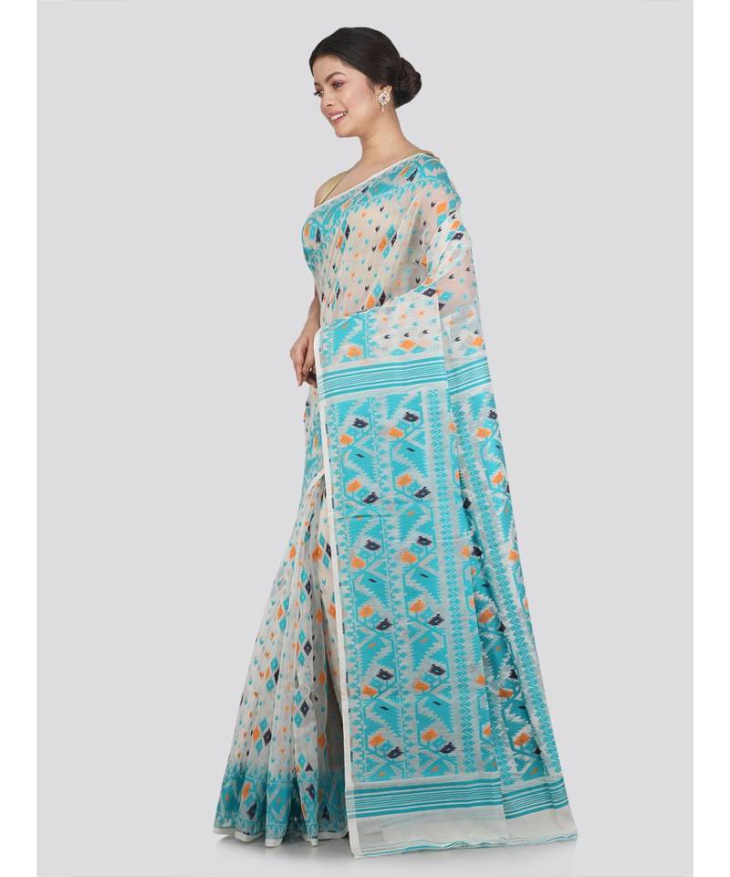 Pinkloom Women'S White Hand Woven Jamdani-Sarees Without Blouse