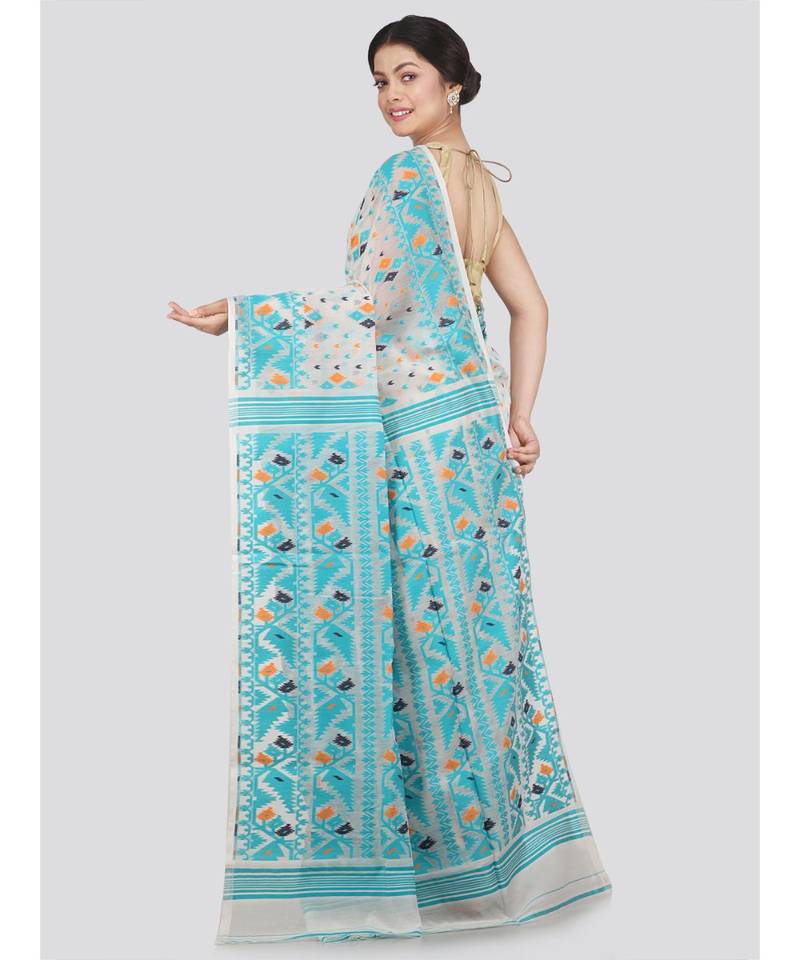 Pinkloom Women'S White Hand Woven Jamdani-Sarees Without Blouse