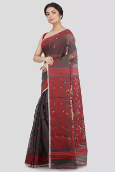Pinkloom Women'S Grey Hand Woven Jamdani-Sarees Without Blouse