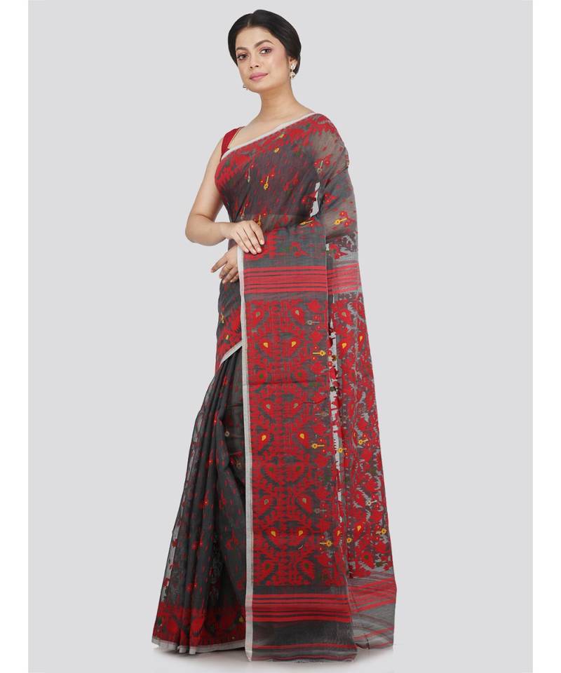 Pinkloom Women'S Grey Hand Woven Jamdani-Sarees Without Blouse
