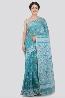 Pinkloom Women'S Turquoise Hand Woven Jamdani-Sarees Without Blouse