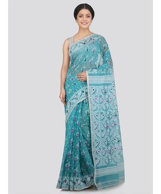 Pinkloom Women'S Turquoise Hand Woven Jamdani-Sarees Without Blouse 1