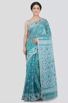 Pinkloom Women'S Turquoise Hand Woven Jamdani-Sarees Without Blouse