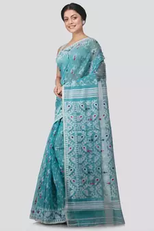 Pinkloom Women'S Turquoise Hand Woven Jamdani-Sarees Without Blouse