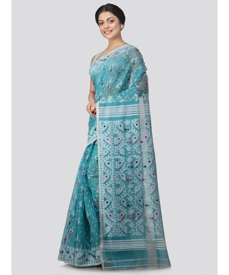 Pinkloom Women'S Turquoise Hand Woven Jamdani-Sarees Without Blouse