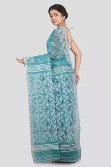 Pinkloom Women'S Turquoise Hand Woven Jamdani-Sarees Without Blouse