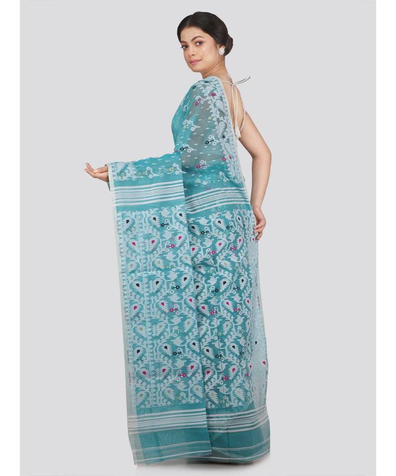 Pinkloom Women'S Turquoise Hand Woven Jamdani-Sarees Without Blouse