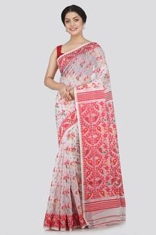 PinkLoom Women's white hand woven jamdani-sarees Without Blouse