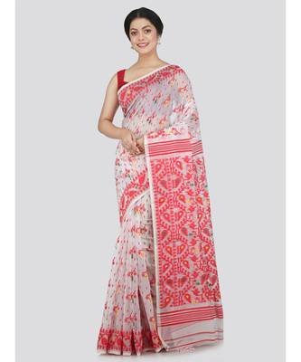 PinkLoom Women's white hand woven jamdani-sarees Without Blouse 1