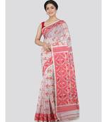 PinkLoom Women's white hand woven jamdani-sarees Without Blouse