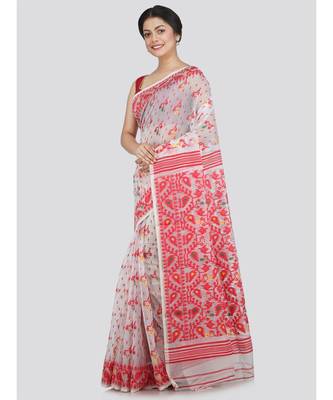 PinkLoom Women's white hand woven jamdani-sarees Without Blouse 2