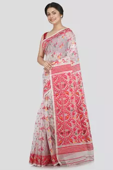 PinkLoom Women's white hand woven jamdani-sarees Without Blouse