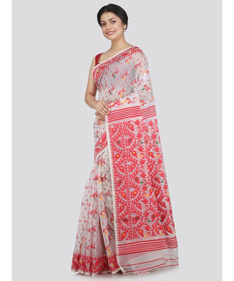 PinkLoom Women's white hand woven jamdani-sarees Without Blouse