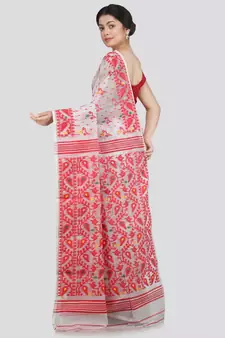 PinkLoom Women's white hand woven jamdani-sarees Without Blouse