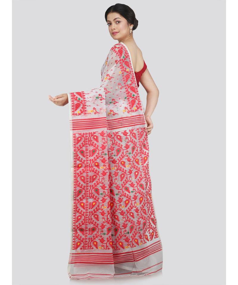 PinkLoom Women's white hand woven jamdani-sarees Without Blouse
