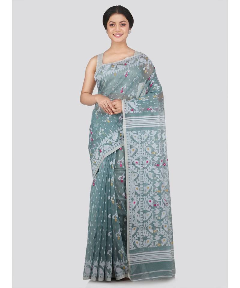 PinkLoom Women's grey hand woven jamdani-sarees Without Blouse