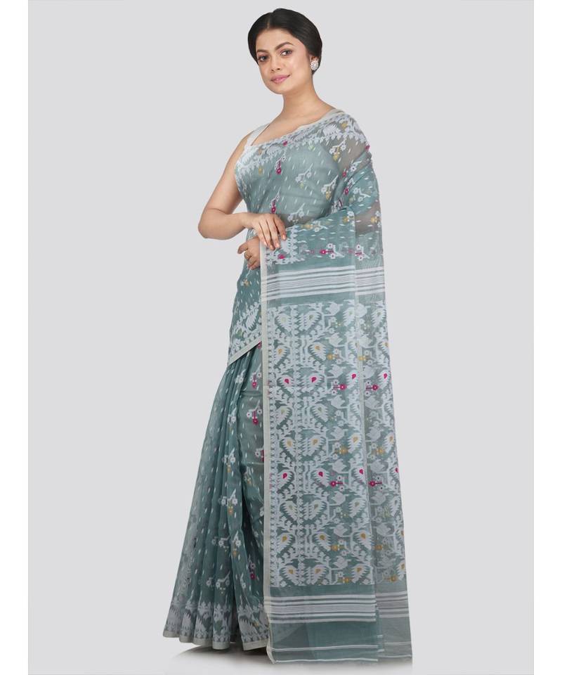 PinkLoom Women's grey hand woven jamdani-sarees Without Blouse