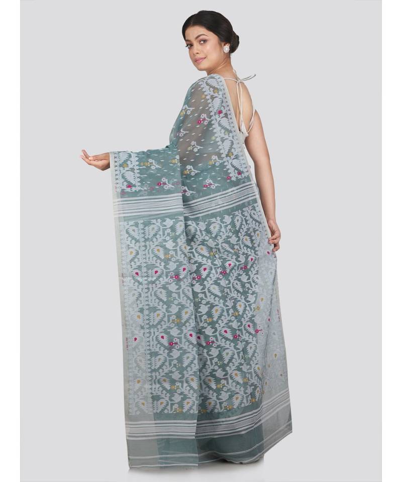 PinkLoom Women's grey hand woven jamdani-sarees Without Blouse