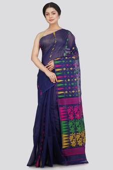 Pinkloom Women'S Blue Hand Woven Jamdani-Sarees Without Blouse