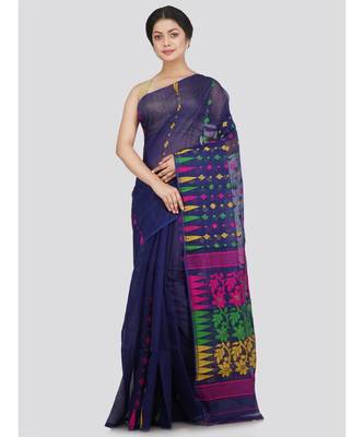 Pinkloom Women'S Blue Hand Woven Jamdani-Sarees Without Blouse 1
