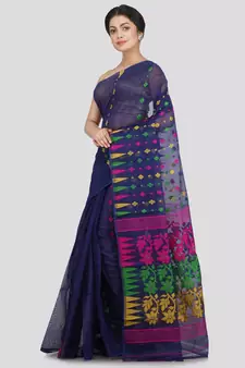 Pinkloom Women'S Blue Hand Woven Jamdani-Sarees Without Blouse