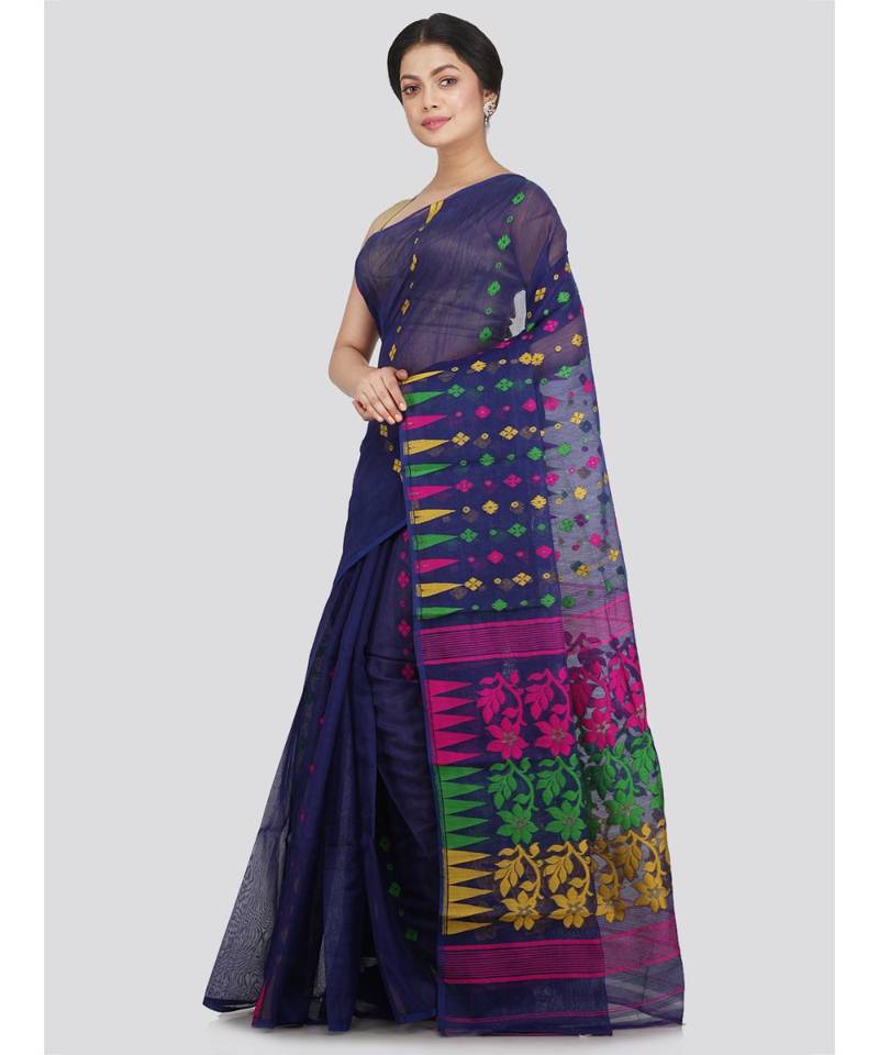 Pinkloom Women'S Blue Hand Woven Jamdani-Sarees Without Blouse