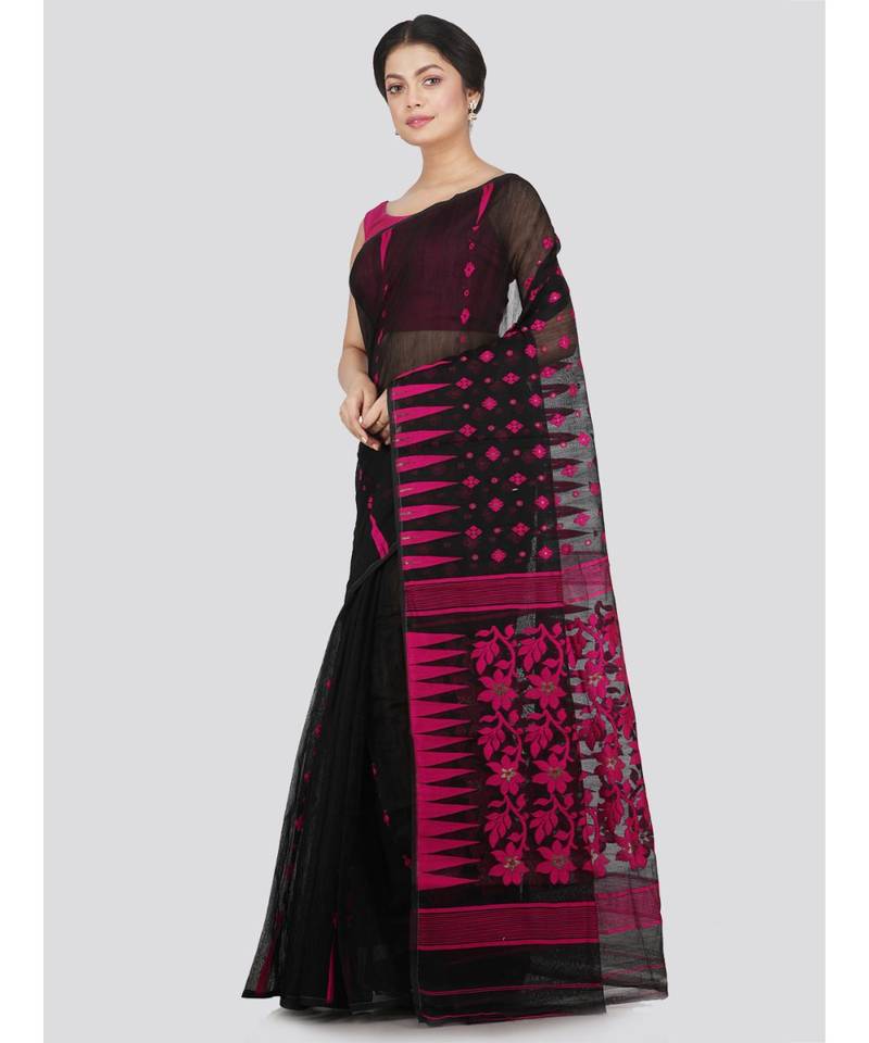 Pinkloom Women'S Black Hand Woven Jamdani-Sarees Without Blouse