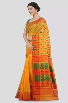 Pinkloom Women'S Yellow Hand Woven Jamdani-Sarees Without Blouse
