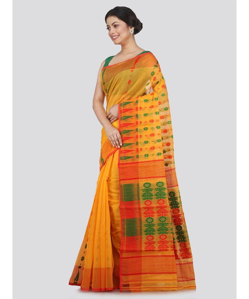 Pinkloom Women'S Yellow Hand Woven Jamdani-Sarees Without Blouse
