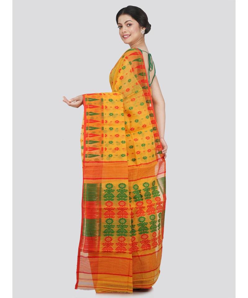 Pinkloom Women'S Yellow Hand Woven Jamdani-Sarees Without Blouse