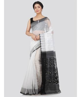 Pinkloom Women'S White Hand Woven Jamdani-Sarees Without Blouse 1