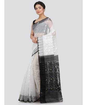 Pinkloom Women'S White Hand Woven Jamdani-Sarees Without Blouse 2
