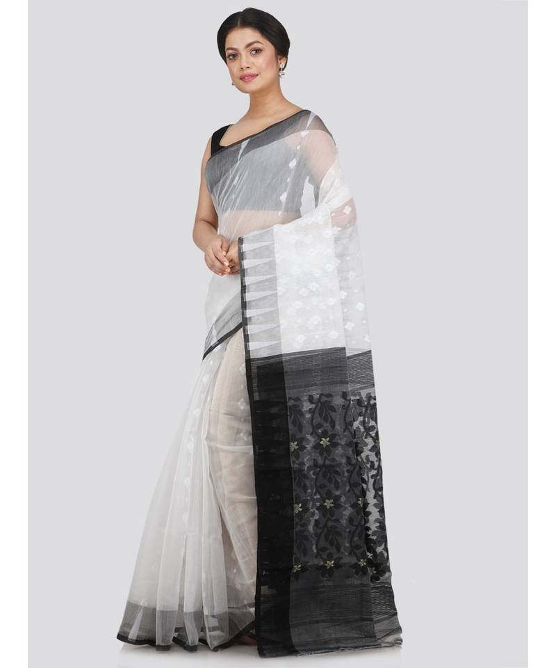 Pinkloom Women'S White Hand Woven Jamdani-Sarees Without Blouse