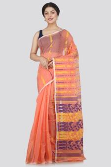 Pinkloom Women'S Orange Hand Woven Jamdani-Sarees Without Blouse