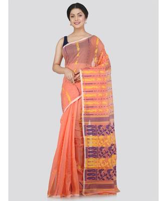 Pinkloom Women'S Orange Hand Woven Jamdani-Sarees Without Blouse 1