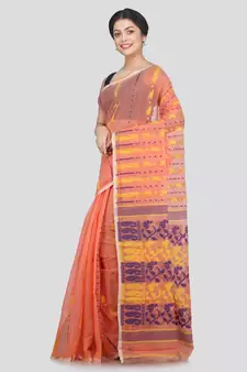 Pinkloom Women'S Orange Hand Woven Jamdani-Sarees Without Blouse
