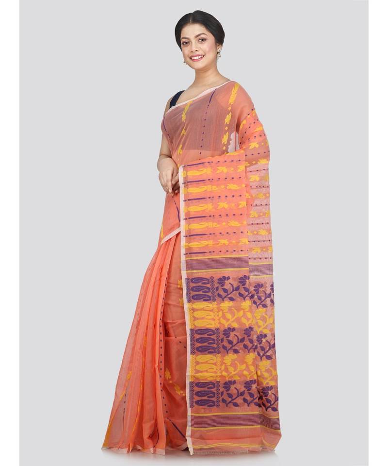Pinkloom Women'S Orange Hand Woven Jamdani-Sarees Without Blouse
