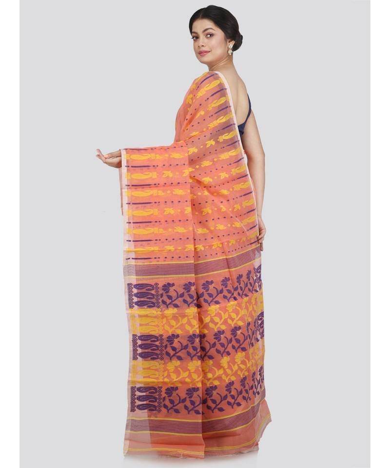Pinkloom Women'S Orange Hand Woven Jamdani-Sarees Without Blouse