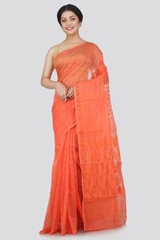 Pinkloom Women'S Orange Hand Woven Jamdani-Sarees Without Blouse