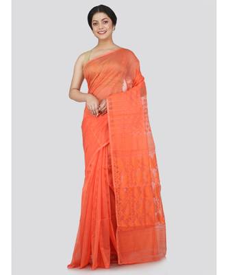 Pinkloom Women'S Orange Hand Woven Jamdani-Sarees Without Blouse 1