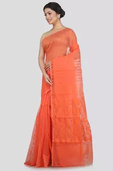 Pinkloom Women'S Orange Hand Woven Jamdani-Sarees Without Blouse