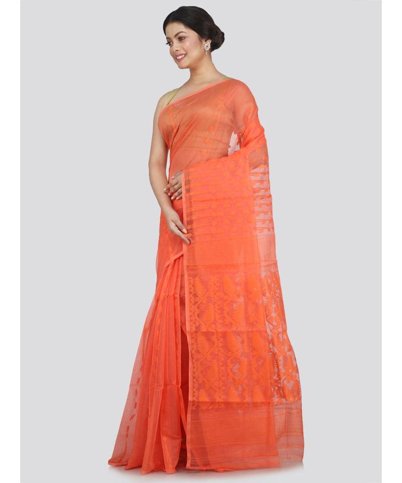Pinkloom Women'S Orange Hand Woven Jamdani-Sarees Without Blouse