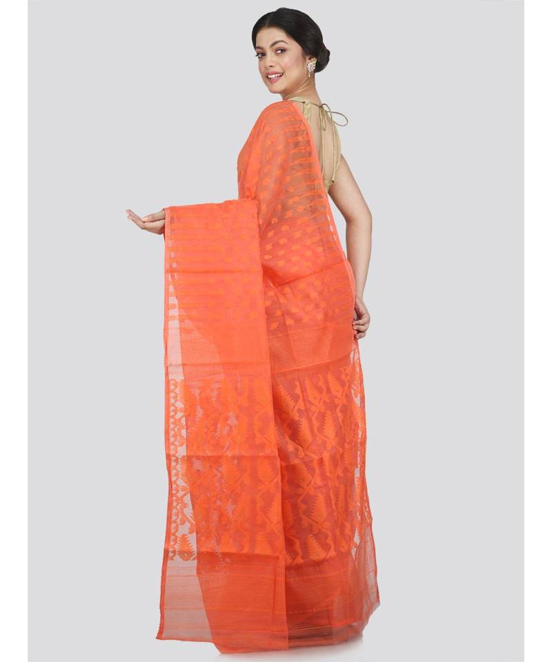 Pinkloom Women'S Orange Hand Woven Jamdani-Sarees Without Blouse